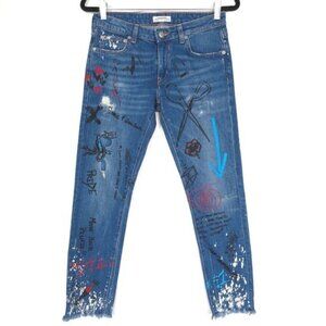 ZARA WOMAN DENIM PREMIUM COLLECTION Graffiti Size 2 RARE Blue Jeans 9863/265